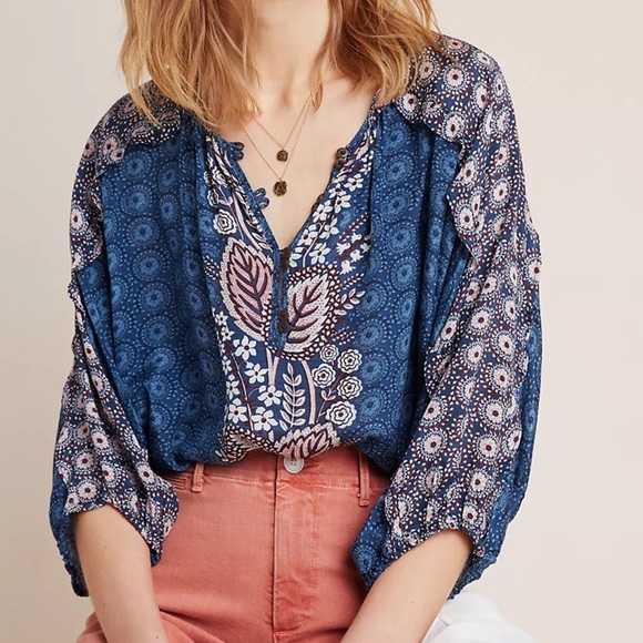 Maeve Tops - Anthropologie Maeve Letitia Ruffled Blouse Small Viscose 3/4 Sleeve Top Bohemian